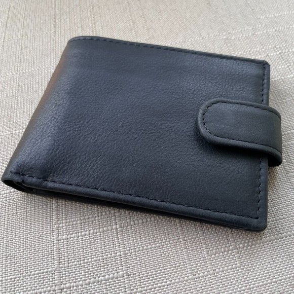 Handmade Billfold Black Genuine Leather Wallet with Snap Card Holder New